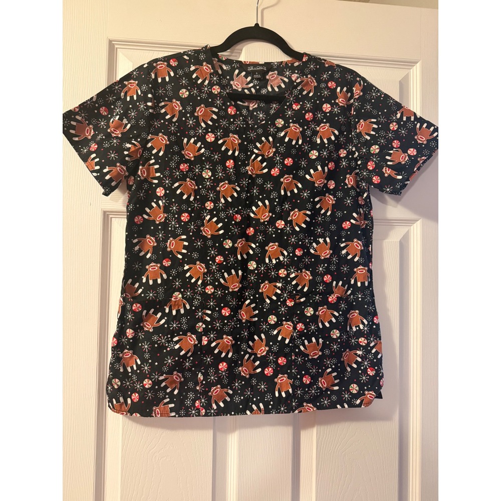 Zoe + Chloe Sock Monkey Christmas Scrub Top V-Neck Cotton Black Y2K Small